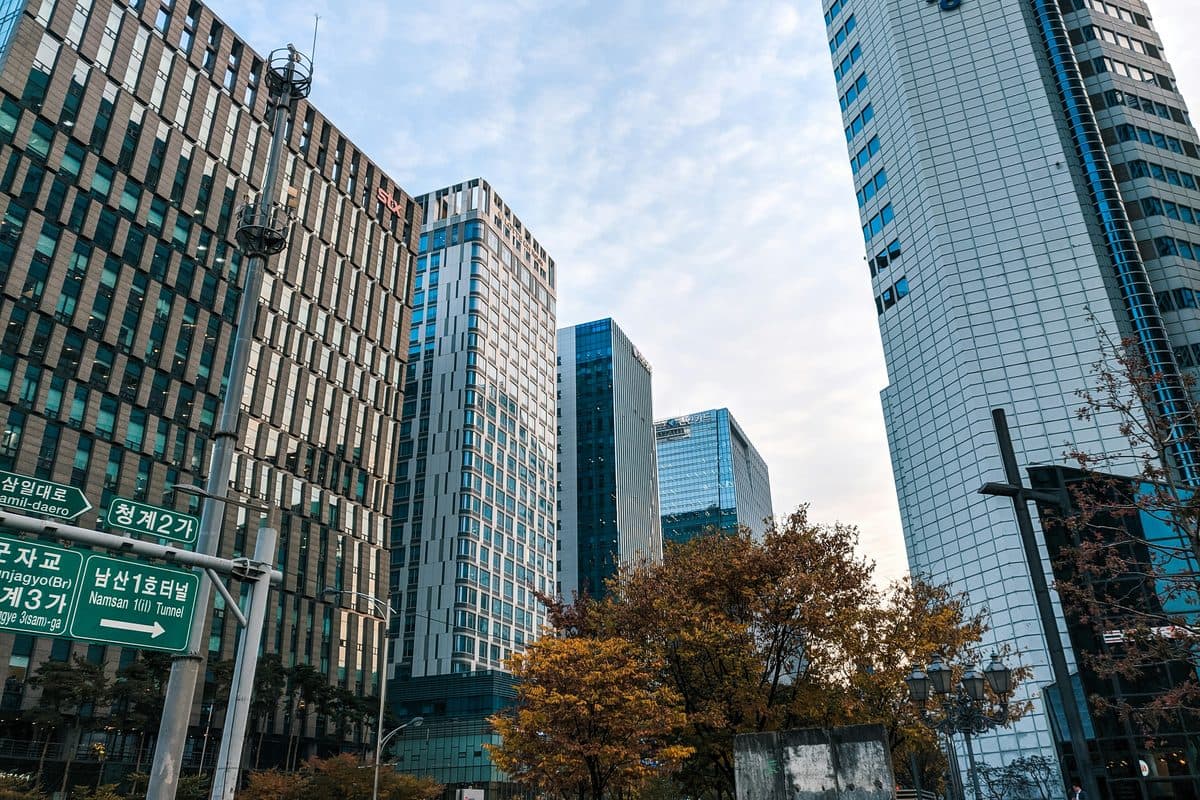 가로수가 늘어선 서울 도심 거리 위로 솟은 유리 오피스 빌딩